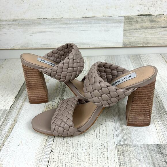 Steve Madden Women’s 7.5 Taupe Tielo Faux Leather Block Heel Braid Sandals NEW - Picture 1 of 9